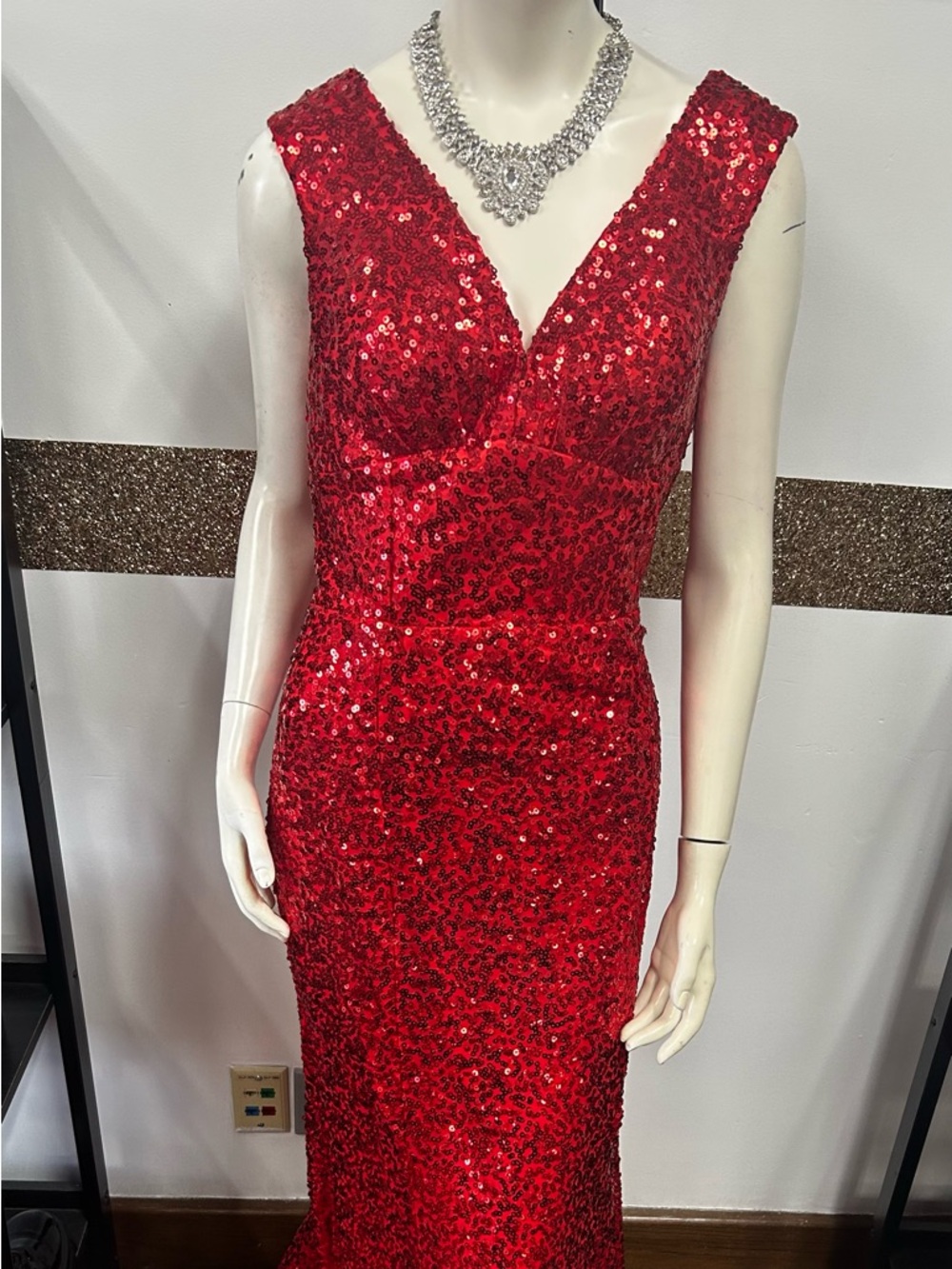 Red Sequin V-Neck Evening Gown